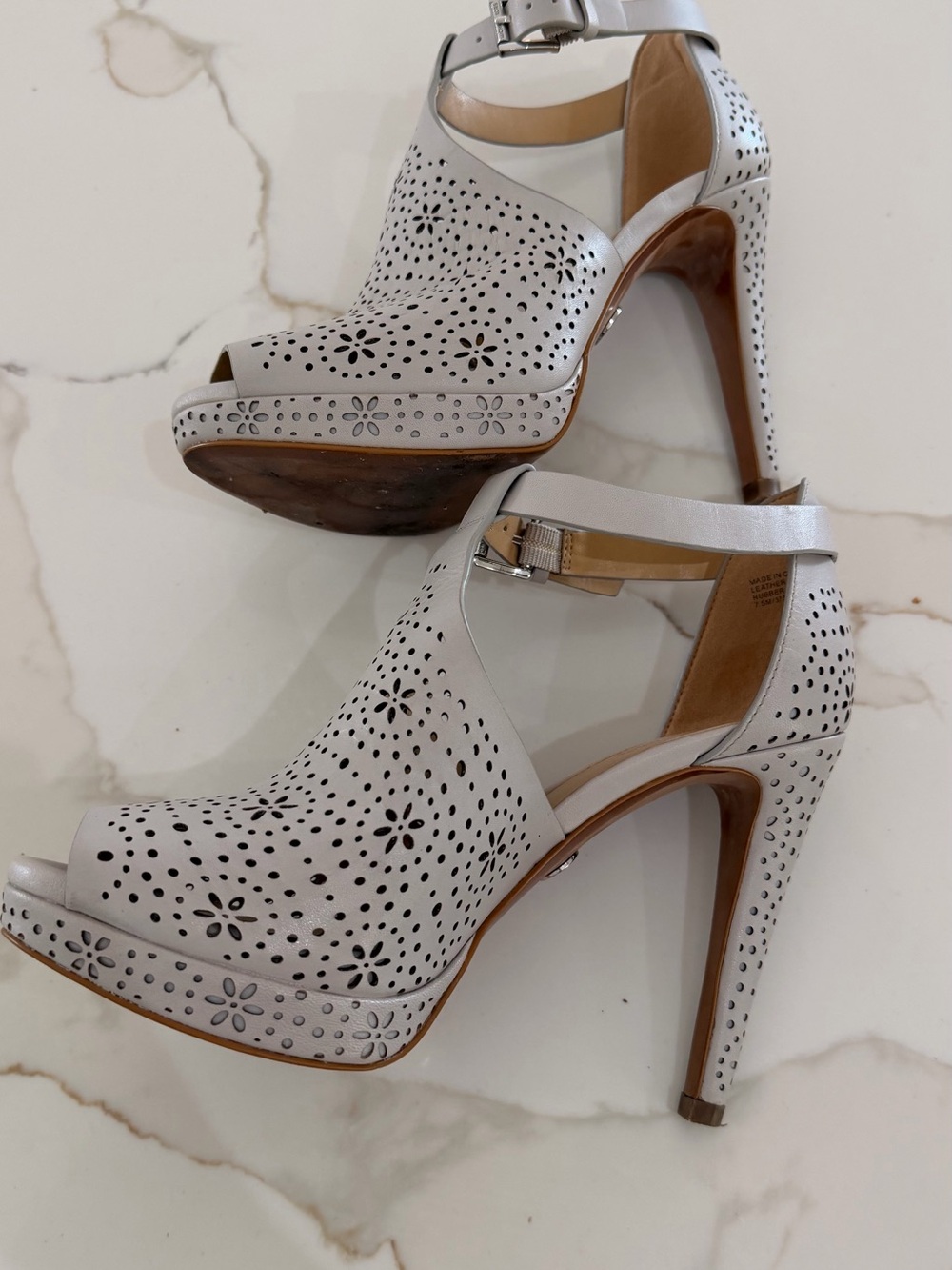 MICHAEL Michael Kors Light Gray Perforated Peep-Toe Ankle Strap Heels - Picture 6 of 7